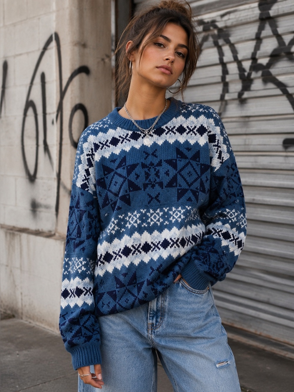 90’s Architect Size Medium Blue & White Acrylic Crew Neck New Fisherman Sweater